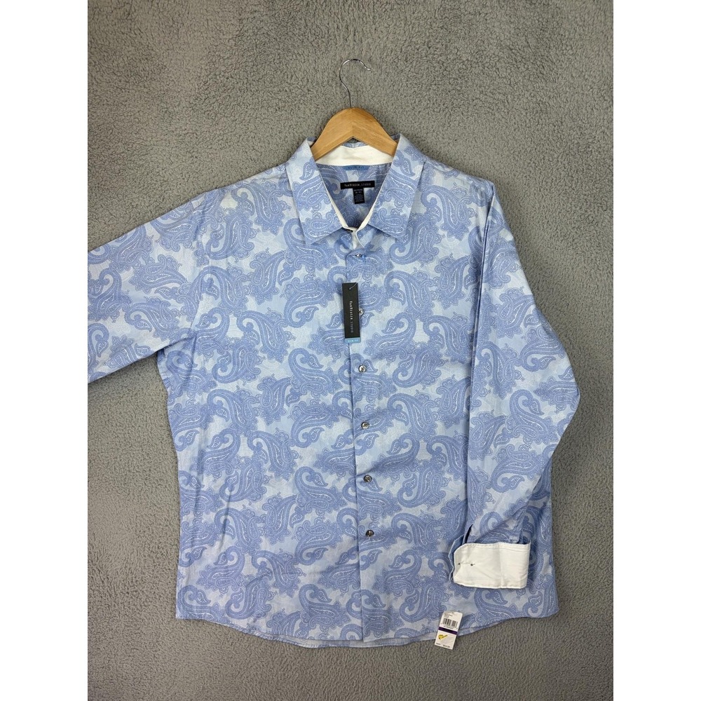 Van Heusen Studio Shirt Mens 2XL 18 Blue Paisley Slim Fit Dress Long Sleeve New